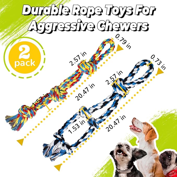 2 Pack 20 Inch Dog Rope Toy for Aggressive Chewers, Heavy Duty Chew Toys for Teeth Cleaning, Cotton Rope Dog Tug Toy for Medium to Large Breed