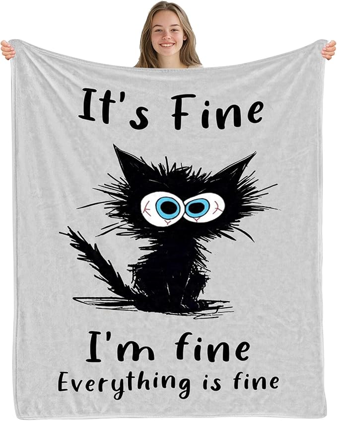 Funny Black Cat Blanket 50"x60", Birthday Gifts for Cat Lovers, Ideal Funny Cats Themed Gifts for Women, I’m Fine Blanket for Sofa Counch Room
