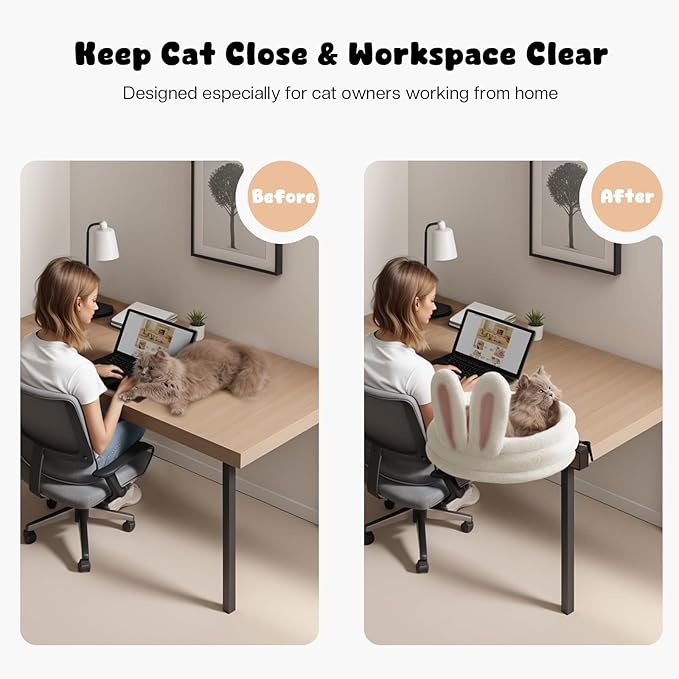 360° Rotation Cat Desk Bed, Cat Hammock Bed with Soft Rabbit Ear Cushion, Desktop Elevated Cats Beds with Metal Frames, Cats Desk Perch for Table, White