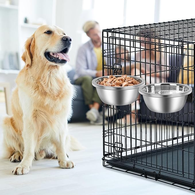 Crate Bowls for Large Dogs, ShineMe Heavy Duty Hanging Dog Bowls for Kennel Cage Crates, No Spill Stainless Steel Dog Crate Water Bowl or Large and Medium Dogs, 56oz, Set of 2