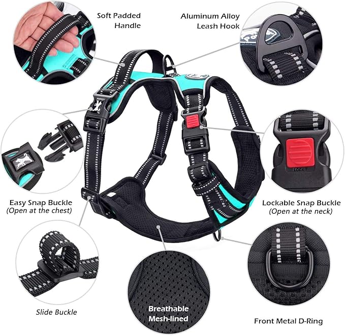 PoyPet No Pull Dog Harness, No Choke Front Lead Dog Reflective Harness, Adjustable Soft Padded Pet Vest with Easy Control Handle for Small to Large Dogs(Mint Blue,S)