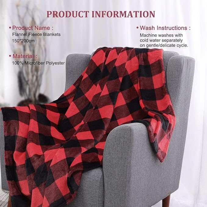 PiccoCasa Plaid Flannel Fleece Blanket Twin Size, Checkered Fiery Red Soft Blankets and Throws, Plush Lightweight Decors Blanket for Couch Sofa Bed, 60" x 78", Scarlet+Black Tartan