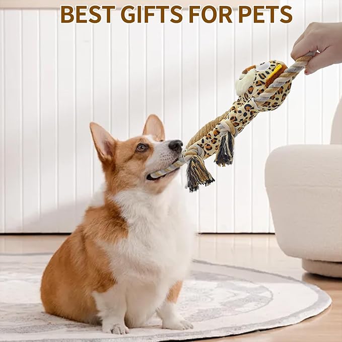 Squeaky Doy Toys for Medium Puppies - Interactive Toys with Rope for Tug of War -Large Plush to Keep Them Busy for All Breeds (Leopard Print)
