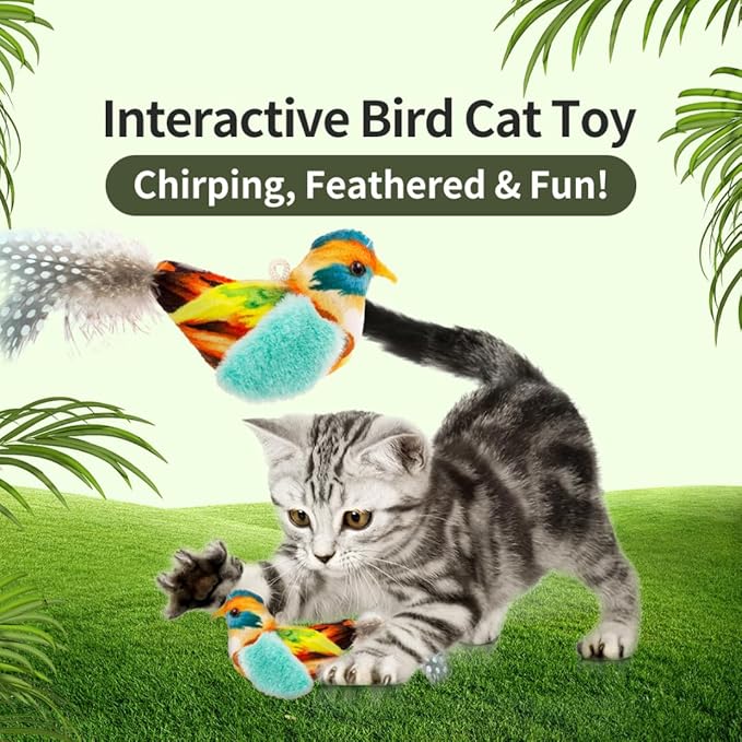 Touch Moving Pet chew, Plush, Interactive Small and Medium Pet Plush Toys Interactive Toys with Feather Built-in Battery Catnip Chirp Chew Bird Sound Playing Cat Toys.