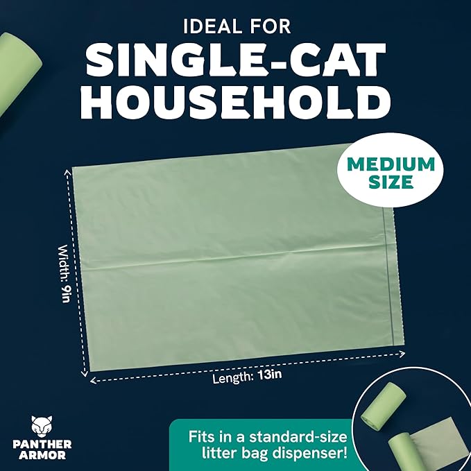 Panther Armor Compostable Cat Litter Bags for Poop - 100x Unscented Pet Waste Bags, 13x9in Leak Proof Kitty Litter Bags - Odor Proof, Easy Open Dispenser Box of Cat Poop Bags