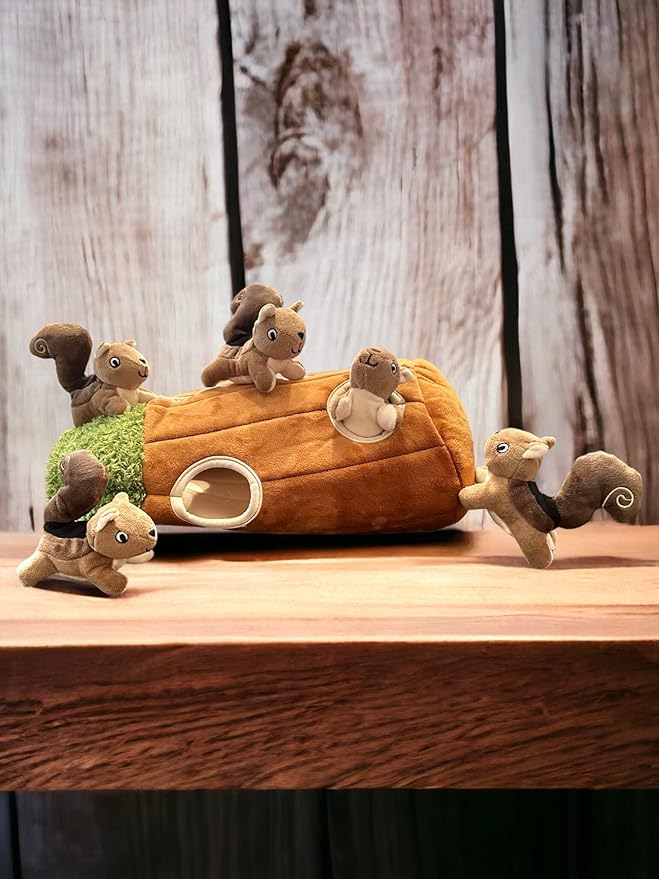Squirrel in Tree Hide and Seek Toy for Small and Medium Size Dogs, Plush Squirrel Inside Trunk With Squeaker, Interactive Burrow (Tree With Squirrels, Large)