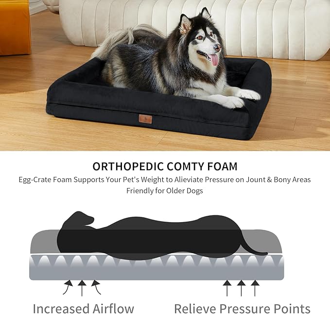 Large Dog Bed for Large Dogs, Waterproof Orthopedic Dog Bed with Removable Cover, 4-Sides Removable Bolster Soft Sofa with Nonskid Bottom, Washable Pet Beds, Black
