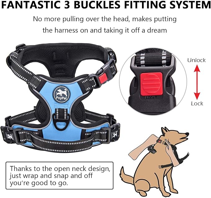 PoyPet No Pull Dog Harness, No Choke Front Clip Dog Reflective Harness, Adjustable Soft Padded Pet Vest with Easy Control Handle for Small to Large Dogs(Light Blue,L)