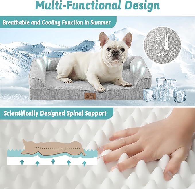 Cooling Dog Bed, Orthopedic Foam Dog Bed with Sides, Removable Cover & Waterproof Lining and Nonskid Bottom, Comfortable Pet Beds for Medium Dogs, Grey (36" L x 27" W x 6.5" Th)