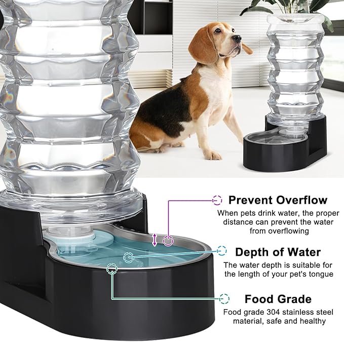 8L Automatic Pet Waterer, 100% BPA Free, Stainless Steel Gravity Feeder, Convenient Drinking Water Dispenser Designed for Dogs and Cats (Black, 8L)