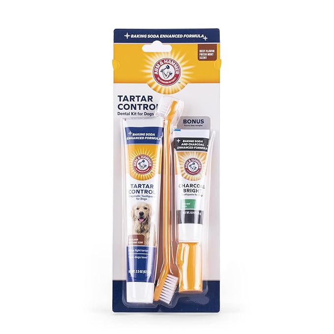 Arm & Hammer Tartar Control Dental Kit for Dogs, with Bonus Charcoal Bright 0.84oz Sample Tube - Dog Toothbrush Dental Kit from 4 Piece Dog Toothbrush Kit, 2.5 Ounce