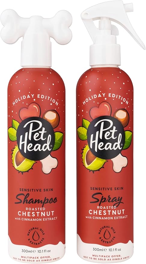 Pet Head Festive Dog Shampoo and Spray Set | Roasted Chestnut with Cinnamon Scent |Christmas Shampoo for Dogs with Sensitive Skin | Vegan | Gentle Formula for Puppies | Made in USA | 10.1 fl. oz. each