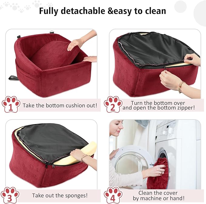 Dog Car Seat for Small Medium Dogs,Detachable Washable Dog Booster Seat Under 30lbs, Pet Car Seats Travel Bed with Storage Pockets and Safety Belt(Red)