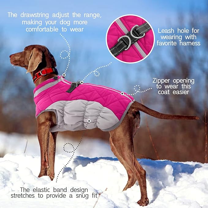 FUAMEY Dog Coat - Warm Winter Jacket with Padded Fleece, Reflective, Waterproof & Windproof, Built-in Harness, Rose Red, Large