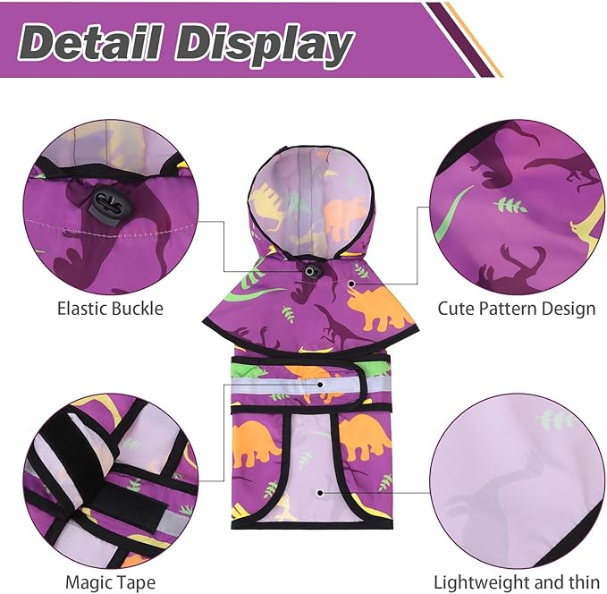 KOOLTAIL Dog Raincoat Hooded Slicker Poncho with leash hole, DRaincoat for Small Medium Dogs, Waterproof Doggie Rain Jacket with Reflective Strip, Adjustable Breathable Puppy Rainwear-Dinosaur Cartoon