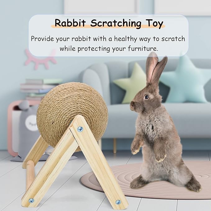 BNOSDM Rabbit Scratch Toy Wooden Natural Sisal Rope Rabbit Scratching Toy Ball Bunny Scratcher with Ball for Rabbits Bunnies Ferrets Kittens Small Animals (Medium)