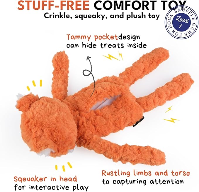 Stufless Dog Toy, Interactive Dog Toys, Plush Puppy Squeaky Toy with Fox Design, Puppy Puzzle Toys Stress Release Game for Boredom, Crinkle Snuffle Puzzle for Small Medium and Large Dogs