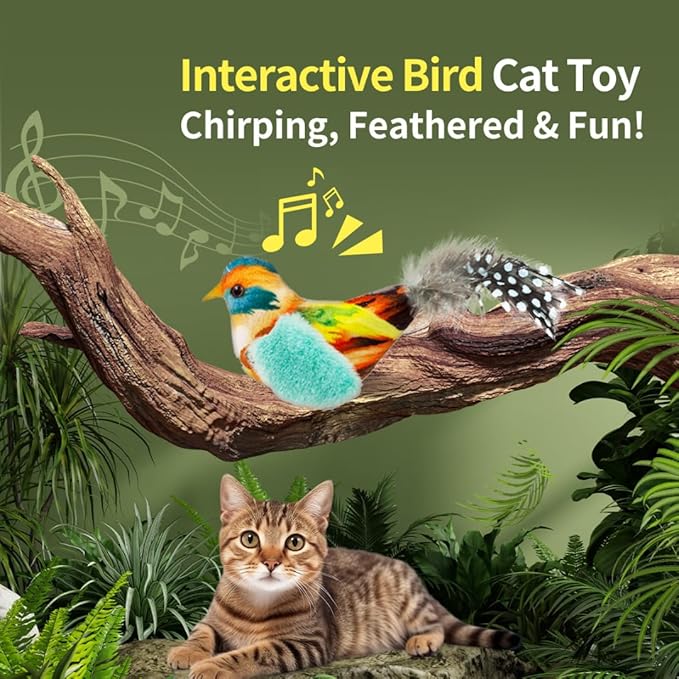 Touch Moving Pet chew, Plush, Interactive Small and Medium Pet Plush Toys Interactive Toys with Feather Built-in Battery Catnip Chirp Chew Bird Sound Playing Cat Toys.