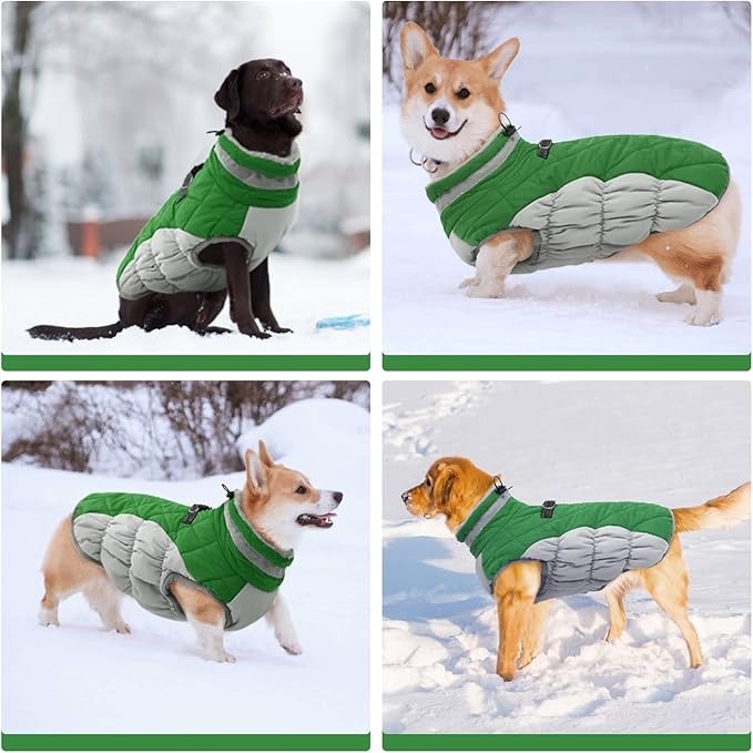 FUAMEY Warm Dog Jacket, Winter Coat with Padded Fleece, Reflective Vest, Built-in Harness, Waterproof Windproof Snow Jacket, Green, XXX-Large