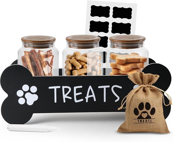 Dog Treat Container - Includes 3 Treat Jars, 1 Treat Bag, Wooden Pet Treat Holder, storage Basket, Dog Treat Station, with Reusable Sticker & Marker - Bone Shape