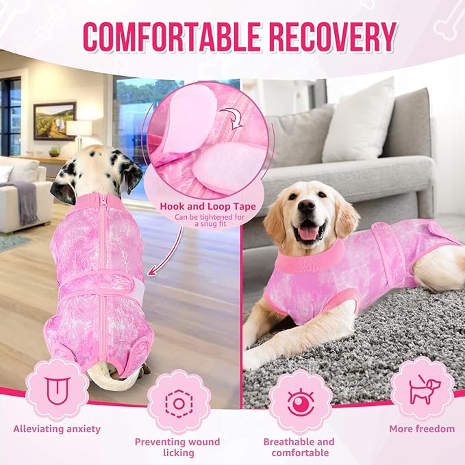 Lukovee Recovery Suit for Dogs, Zipper On Recovery Suit for Female Male Dog, Onesie Abdominal Wounds Cone E-Collar Alternative Prevent Licking Spay Recovery Suit (Small, Pink Tie-dye)
