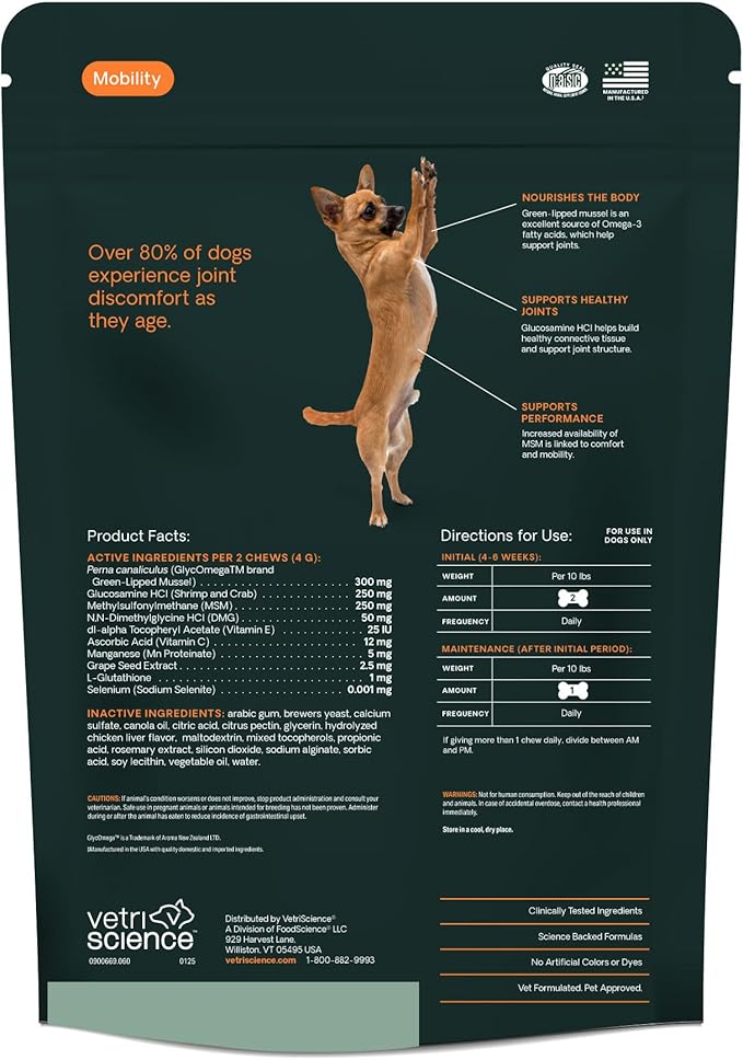 VetriScience Glycoflex 3 Clinically Proven Hip and Joint Support Supplement for Small Dogs - Maximum Strength Dog Supplement with Glucosamine, MSM, Green Lipped Mussel & DMG - 60 Chews,Chicken Flavor