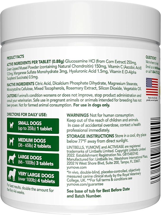YuMOVE Hip and Joint Supplement for Dogs with Glucosamine,Chondroitin, MSM, Omega 3, Hyaluronic Acid, & Green Lipped Mussel - Joint Support Supplement - for Adult Dogs 120 Tablets