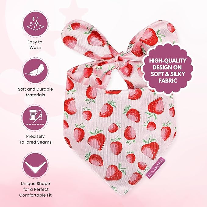 Luxury Pet Birthday Bandanas -Premium & Silky Poly Fabric | 100% Handmade | Custom Shape Dual Layered (Strawberry, X-Small)