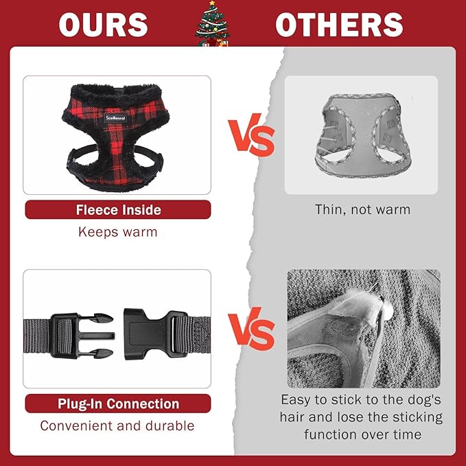 SCENEREAL Small Dog Harness Collar and Leash Set, Warm Fleece No Pull Puppy Vest Harness, Christmas Dog Outfit No Chock Adjustible Step in Pet Halter for Outdoor Walking Training, Red Plaid M