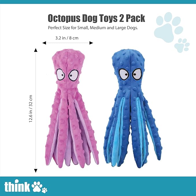 Think Pets Crinkle Squeaky Plush Octopus Toys for Playing & Training Purposes. Entertain Your Dog/Cat with These Plushie Stuffing-Free Interactive Toys, a Perfect Blend of Fun & Functionality