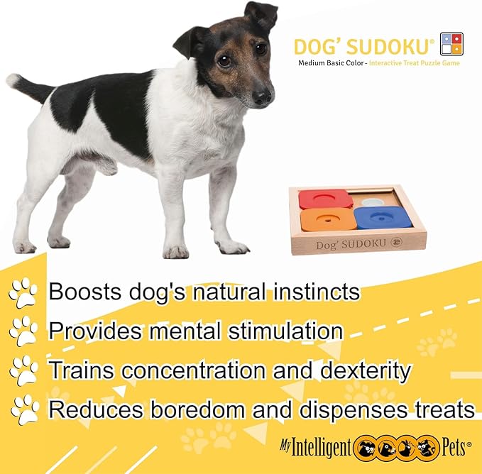 Interactive Sudoku Puzzle for Small Dogs and Cats - Basic Brain Pet Toy - 4 Treat-Hiding Holes, Medium Wood and Plastic Design