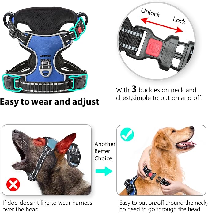Timos Dog Harness Small Sized, No Pull with Neck Lockable Snap,No Choke Front Clip Dog Reflective Harness,Adjustable Metal Rings 3 Buckles,Easy Control Handle for Small Dogs Blue XS