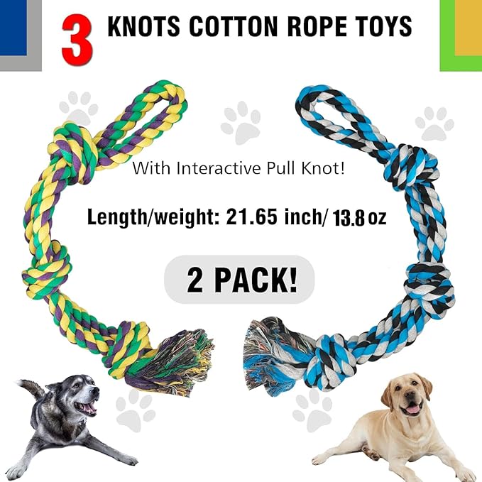 2 Pack Dog Rope Toys, Indestructible Dog Toy for Large/Medium Aggressive Chewers, Tough Chew Rope Tug of War for Dogs, Interactive Rope Toy for Boredom, Teeth Cleaning (390g/each)