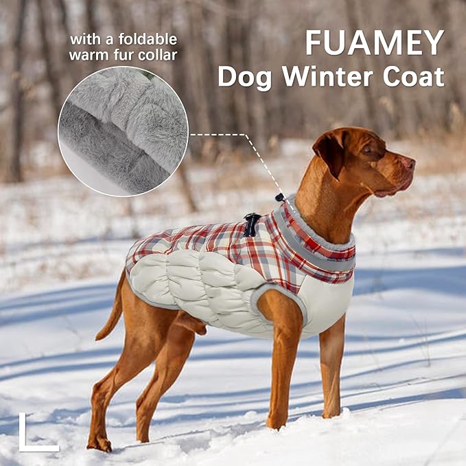 FUAMEY Dog Winter Coat, Jacket with Built-in Harness, Padded Vest, Reflective Clothes for Small to XXXL Dogs, Red Plaid