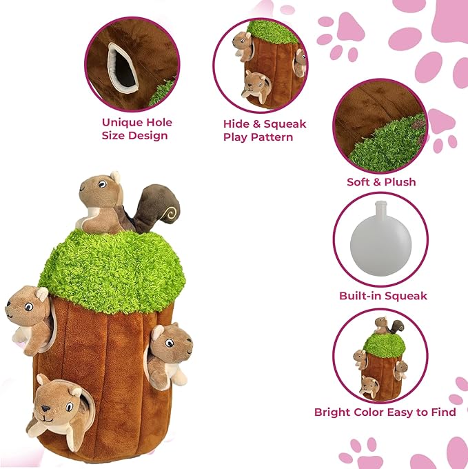 Squirrel in Tree Hide and Seek Toy for Small and Medium Size Dogs, Plush Squirrel Inside Trunk With Squeaker, Interactive Burrow (Tree With Squirrels, Large)