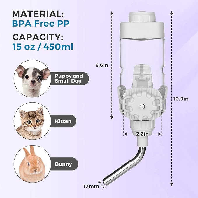 Vannon Dog Water Dispenser for Cage, 15oz Auto Feeding Crate Water Bottle for Dogs, Cats & Rabbits, Pet Nozzle Diameter: 12mm, BPA Free, Grey