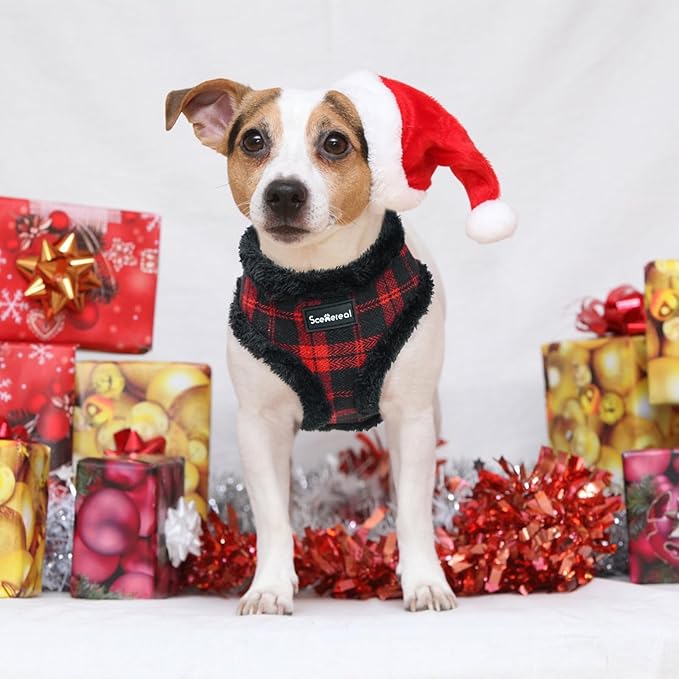 SCENEREAL Small Dog Harness Collar and Leash Set, Warm Fleece No Pull Puppy Vest Harness, Christmas Dog Outfit No Chock Adjustible Step in Pet Halter for Outdoor Walking Training, Red Plaid M