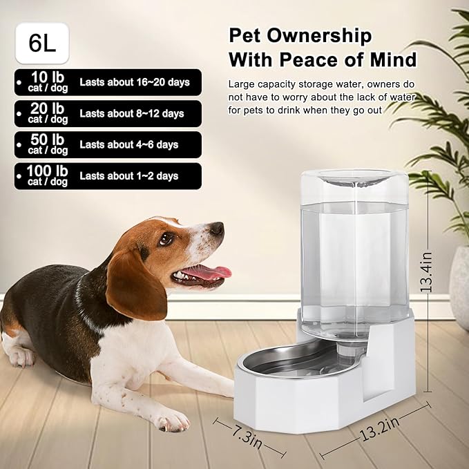 Automatic Pet Water Dispenser with Stainless Steel Bowl, Gravity Waterer, Angular Water Feeder for Small to Large Dogs and Cats (White, 6L Without Filter)