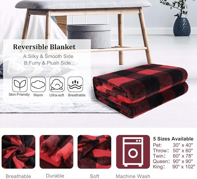 PiccoCasa Plaid Flannel Fleece Blanket Twin Size, Checkered Fiery Red Soft Blankets and Throws, Plush Lightweight Decors Blanket for Couch Sofa Bed, 60" x 78", Scarlet+Black Tartan