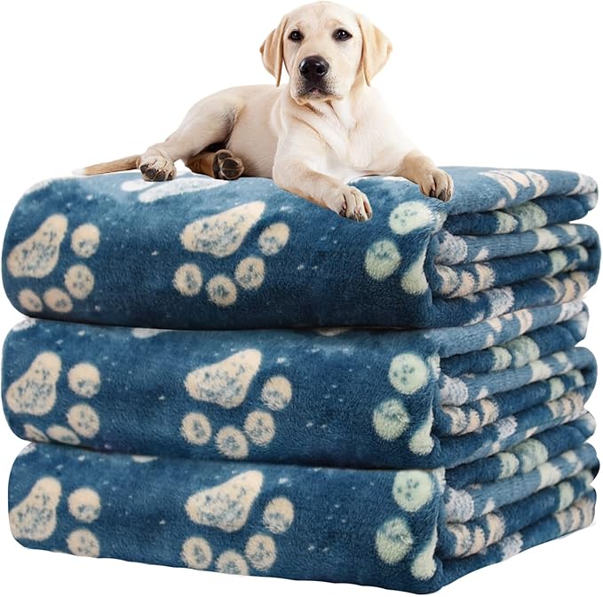 1 Pack 3 Premium Fleece Blankets for Large and Medium Dogs - Super Soft Fluffy Pet Throw for Puppies and Cats, Navy Blue Paw Blanket (41x31 Inch)