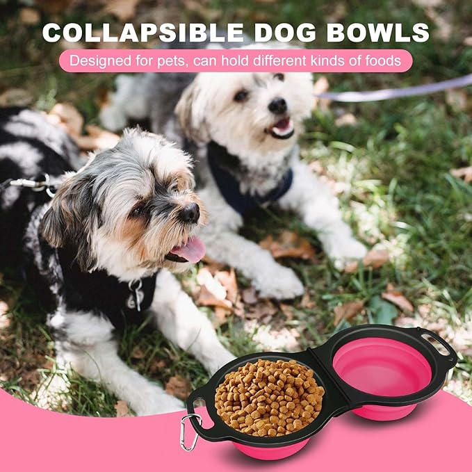 Collapsible Silicone Cat and Dog Travel Bowls,2 in 1 Foldable Pet Feeding and Watering Dish for Walking Camping Hiking with Carabiner (Rose Red)