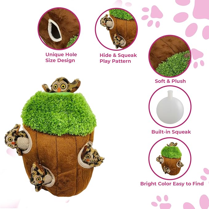 Tree with Hide & Seek Plush Owls, Squeaky & Puzzle Toys for Small & Medium Dogs, Multipack (Tree with Owls)