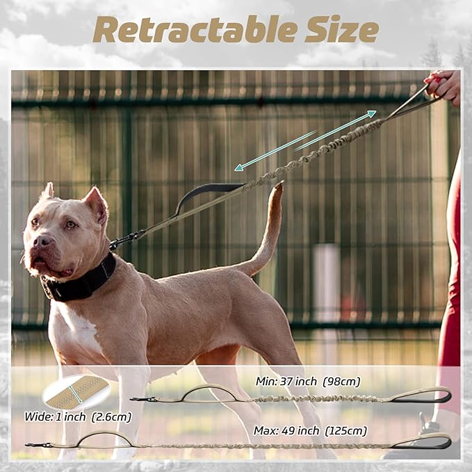 rabbitgoo Tactical Bungee Dog Leash with Shock Absorption, Military Training Leash with 2 Padded Control Handles for Medium Large Dogs, 4FT, Brown