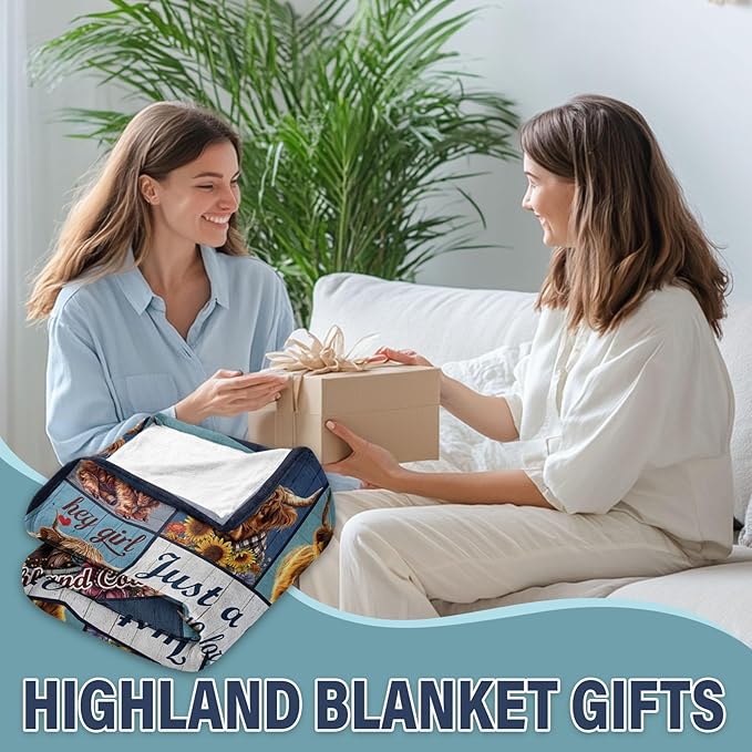 Highland Cow Blanket, Just A Girl Who Love Highland Cow Gifts Blanket for Women, Cute Throw Blanket for Girl Kids on Sofa Couch Bed Room 50"x 60"