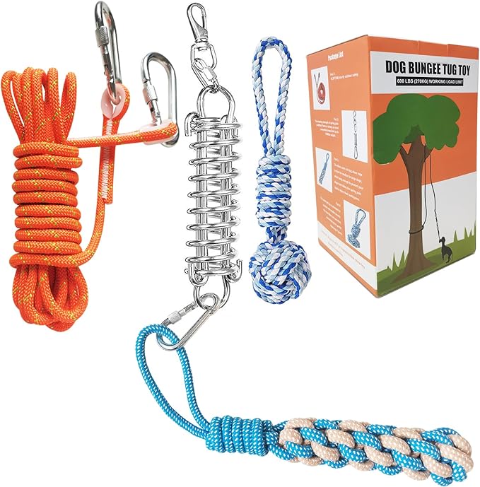 Outdoor Hanging Bungee Dog Toy, Interactive Tether Tug of War Toy for Pitbull Small to Large Breeds, Tree Tugger Rope with Spring Pole, 2 Dog Rope Toys