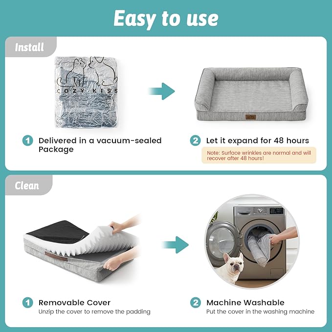 Cooling Dog Bed, Orthopedic Foam Dog Bed with Sides, Removable Cover & Waterproof Lining and Nonskid Bottom, Comfortable Pet Beds for Medium Dogs, Grey (36" L x 27" W x 6.5" Th)