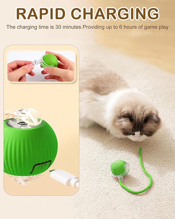 Interactive Cat Toy Balls - Automatic Interactive Cat Toys for Indoor Cats, Smart Self Rolling Interactive Cat Dog Ball, Electric Dog Ball Toy for Bored Indoor Adult Cats Kitten, Rechargeable, Green