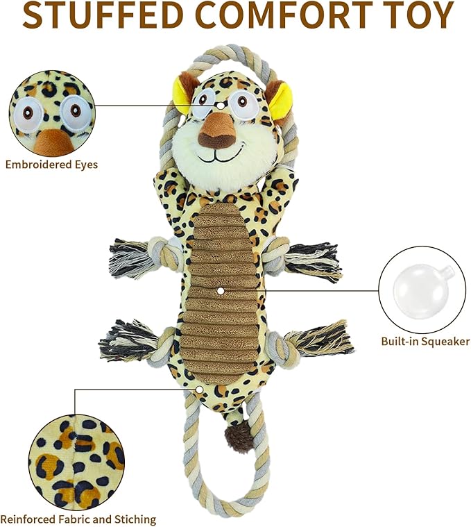 Squeaky Doy Toys for Medium Puppies - Interactive Toys with Rope for Tug of War -Large Plush to Keep Them Busy for All Breeds (Leopard Print)
