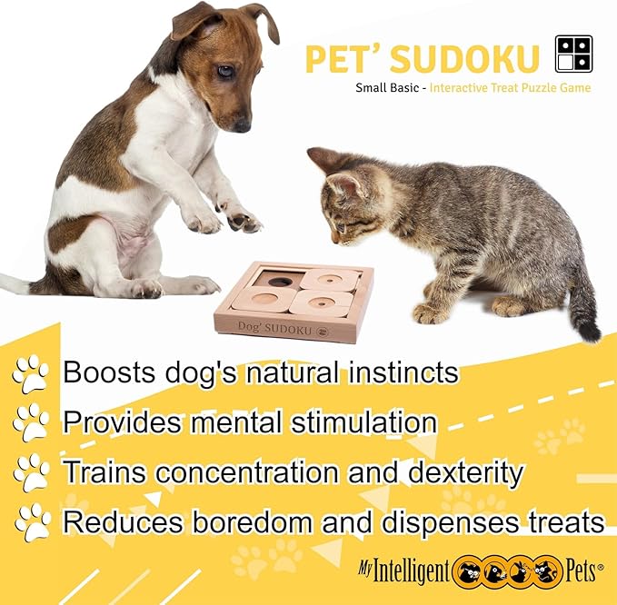 Interactive Wooden Sudoku Puzzle for Cats and Small Dogs - Basic Brain Pet Toy - 4 Treat-Hiding Holes, Small All-Wood Design