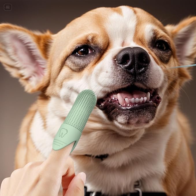 Pet Dental Care Set - Silicone Toothbrush and Finger Brush Set for Dogs and Cats with 1 Matching Finger Brush for Removing Food Debris and Freshening Breath (Blue/Green/Beige) (Green, Medium)